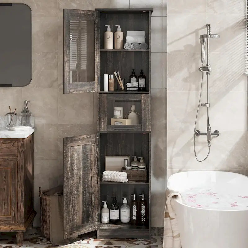 Wysoka szafka do przechowywania ze szklanymi drzwiami i szufladą – Drzwi pojedyncze/podwójne, brązowy/biały/szary/ciemny dąb, montaż przez 1 osobę