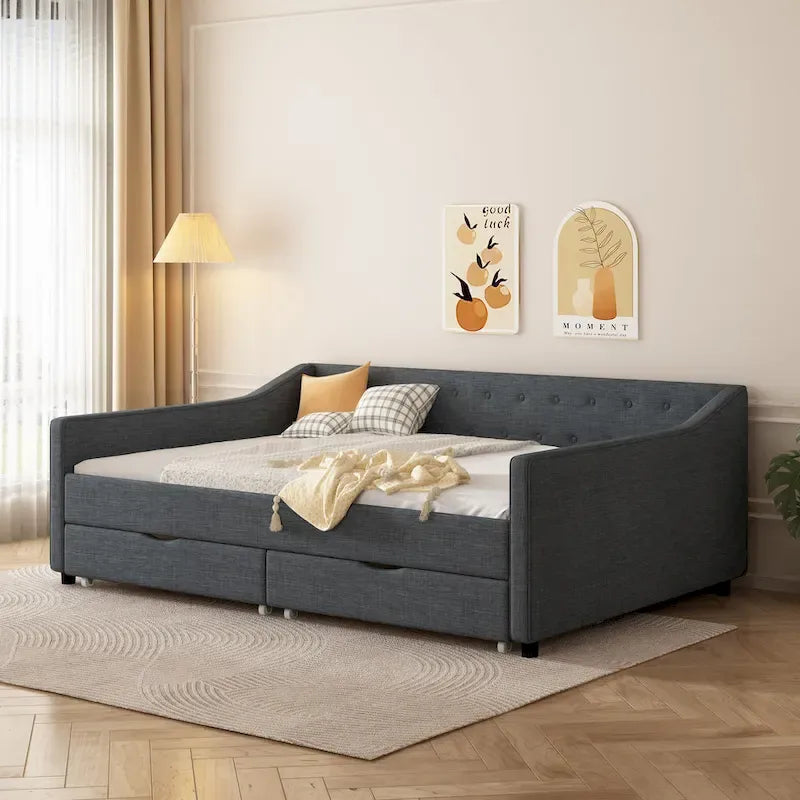 Jasnoszara / Ciemnoszara / Beżowa Sofa tapicerowana z szufladami – rozmiar pojedynczy / podwójny