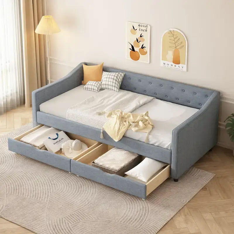 Jasnoszara / Ciemnoszara / Beżowa Sofa tapicerowana z szufladami – rozmiar pojedynczy / podwójny