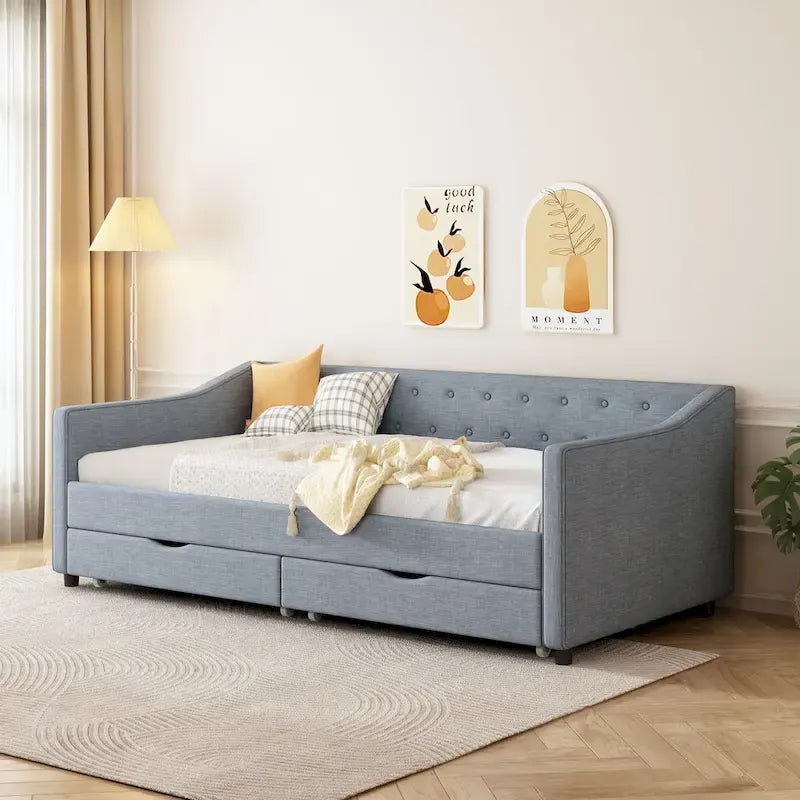 Jasnoszara / Ciemnoszara / Beżowa Sofa tapicerowana z szufladami – rozmiar pojedynczy / podwójny