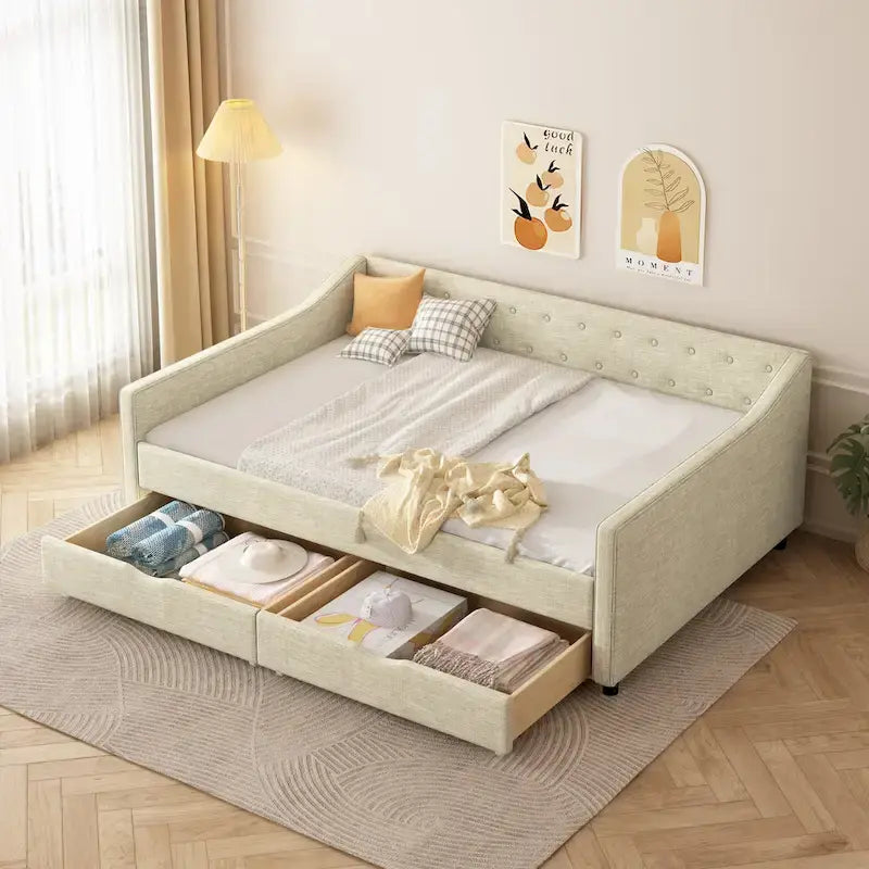 Jasnoszara / Ciemnoszara / Beżowa Sofa tapicerowana z szufladami – rozmiar pojedynczy / podwójny
