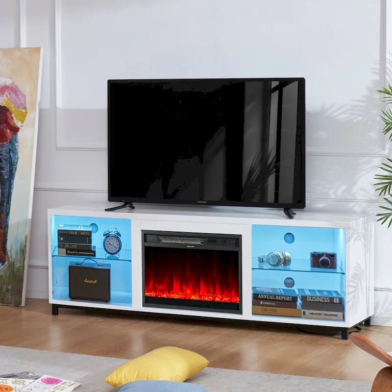 Czarno-biała szafka pod telewizor 68" z kominkiem elektrycznym, salon dla 2 osób