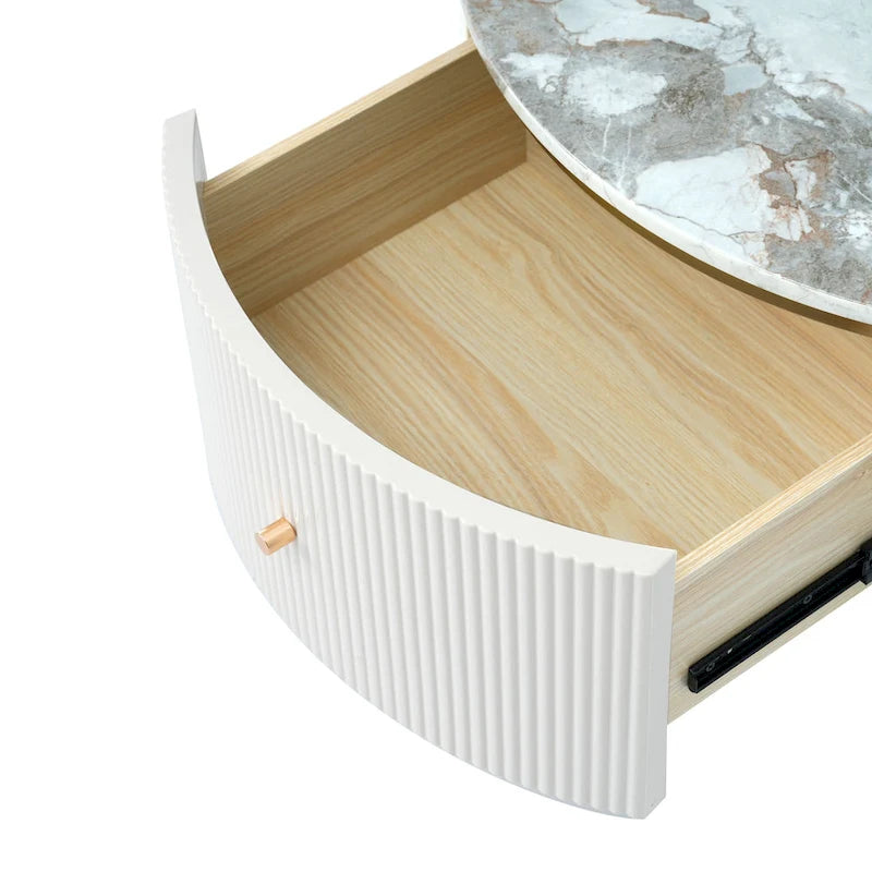 Stolik Kawowy Off-White / Czarny, Nowoczesny, Okrągły, z 2 Szufladami, dla 1 Osoby
