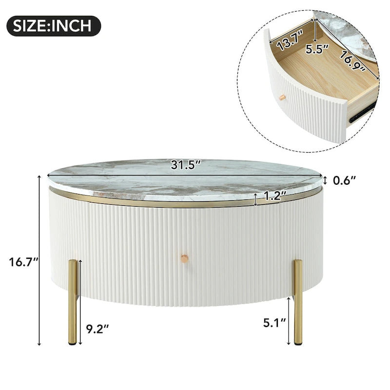 Stolik Kawowy Off-White / Czarny, Nowoczesny, Okrągły, z 2 Szufladami, dla 1 Osoby