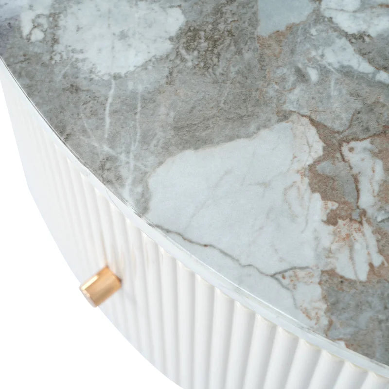 Stolik Kawowy Off-White / Czarny, Nowoczesny, Okrągły, z 2 Szufladami, dla 1 Osoby