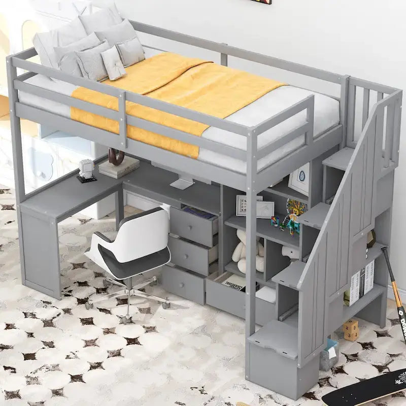 Szare łóżko piętrowe typu loft dla jednej osoby z biurkiem w kształcie litery L, szufladami, szafką i schodami z miejscem do przechowywania