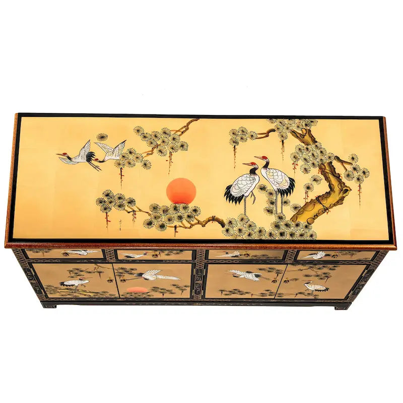 Złoty lakierowany kredens z żurawiami, styl tradycyjny, 4 szuflady i 4 drzwi