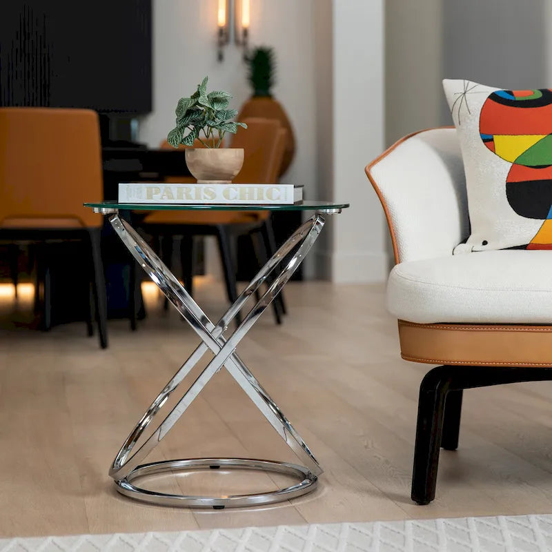 Okrągły stolik końcowy ze szkła hartowanego, chrom/czarny przezroczysty, 1-osobowy