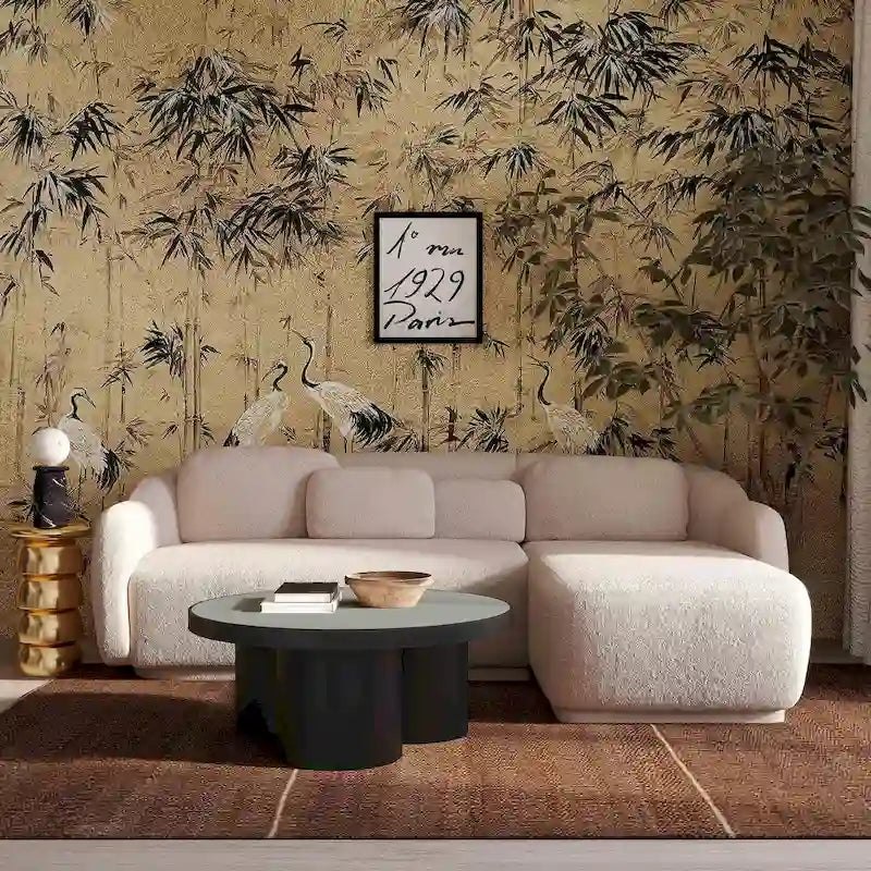 Kremowa sofa narożna boucle, styl mid-century, lewostronna/prawostronna