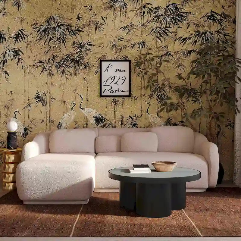 Kremowa sofa narożna boucle, styl mid-century, lewostronna/prawostronna