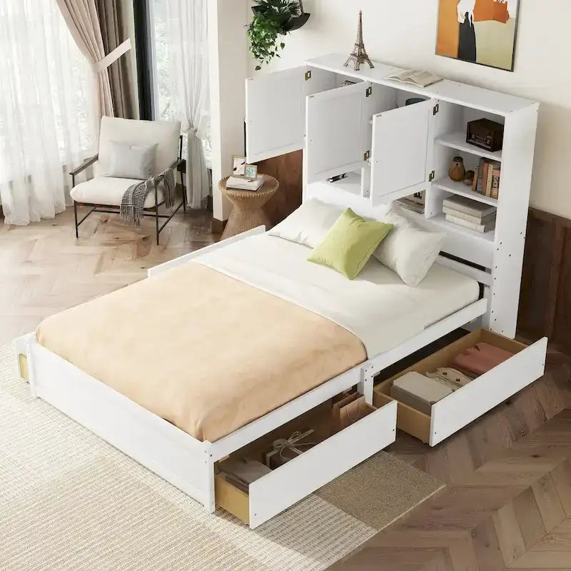 Łóżko queen-size z zagłówkiem z miejscem do przechowywania i 4 szufladami, szaro-białe, dla 1 osoby