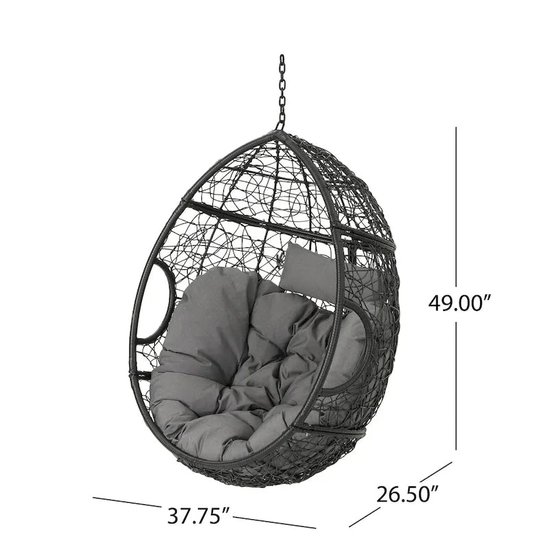 Krzesło wiszące jajko z wikliny w kolorze Khaki Brąz/Szary z poduszkami, 1-osobowe, nośność 136 kg
