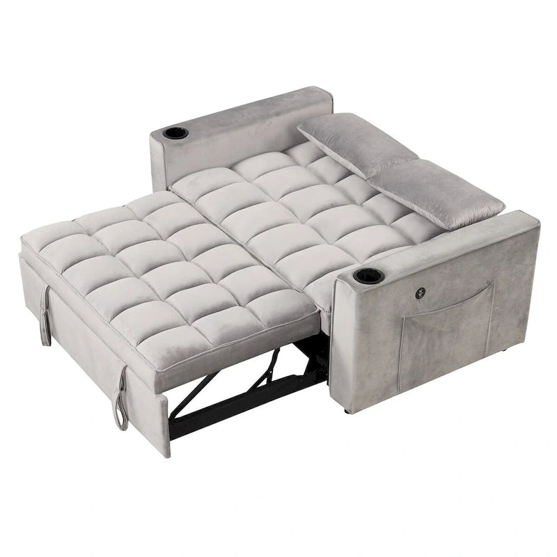 Aksamitna rozkładana sofa z uchwytem na kubek i portem USB – różowa / kremowo-biała / czarna / szara, 2-3 miejsca siedzące