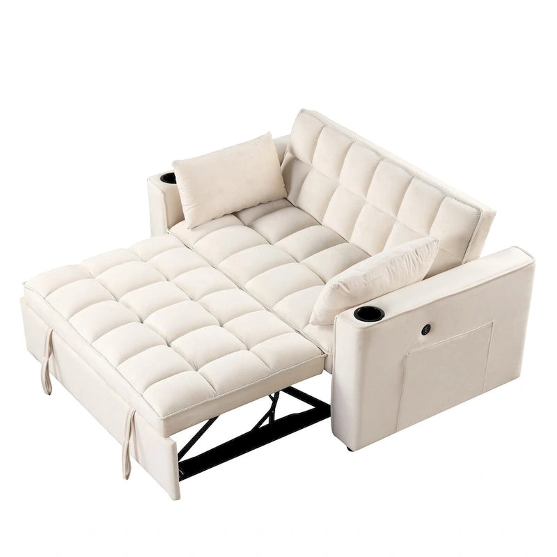 Aksamitna rozkładana sofa z uchwytem na kubek i portem USB – różowa / kremowo-biała / czarna / szara, 2-3 miejsca siedzące